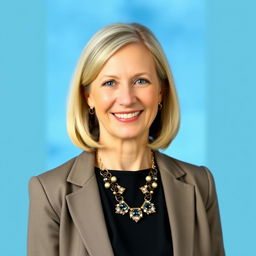 A professional portrait of a woman in her 50s, set against a typical school picture blue background