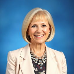 A professional portrait of a woman in her 50s, set against a typical school picture blue background