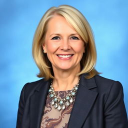 A professional portrait of a woman in her 50s, set against a typical school picture blue background