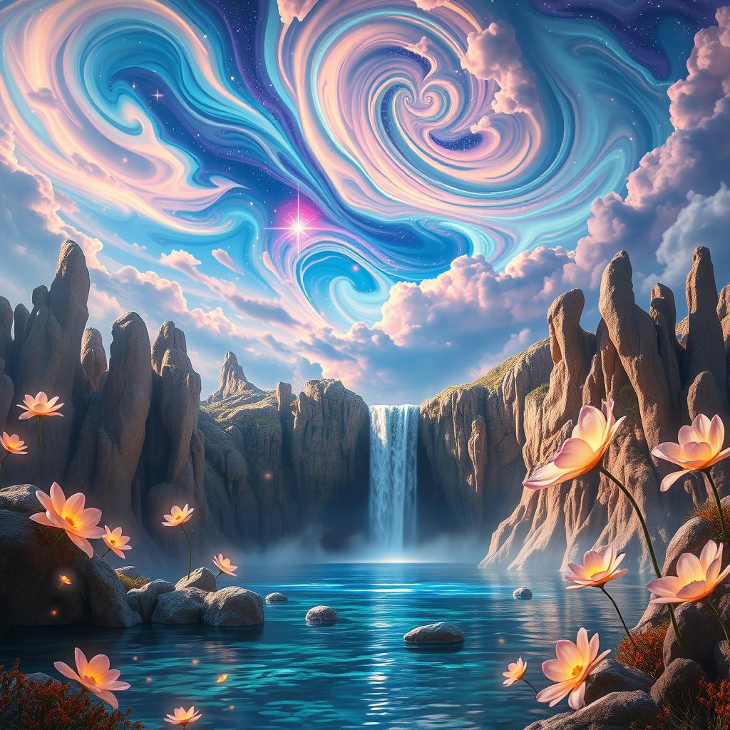 A stunning and surreal landscape featuring a vibrant, dreamlike sky filled with swirling, colorful clouds and bright stars