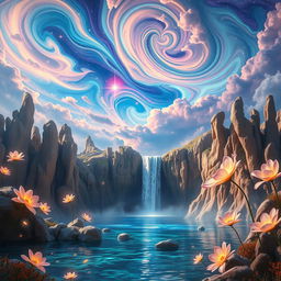A stunning and surreal landscape featuring a vibrant, dreamlike sky filled with swirling, colorful clouds and bright stars