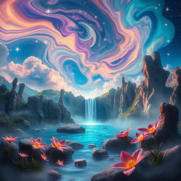 A stunning and surreal landscape featuring a vibrant, dreamlike sky filled with swirling, colorful clouds and bright stars