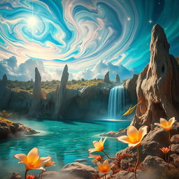 A stunning and surreal landscape featuring a vibrant, dreamlike sky filled with swirling, colorful clouds and bright stars