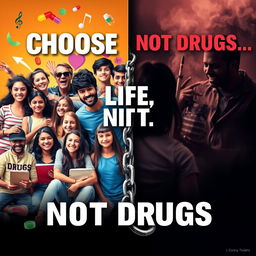 A powerful and thought-provoking poster that depicts the stark contrast between vibrant youth and the dark allure of illegal drugs