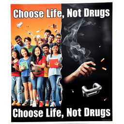 A powerful and thought-provoking poster that depicts the stark contrast between vibrant youth and the dark allure of illegal drugs