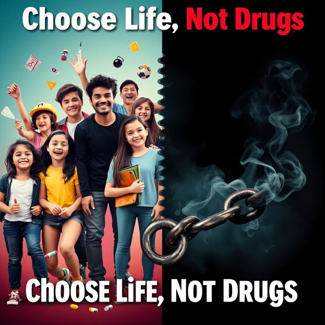 A powerful and thought-provoking poster that depicts the stark contrast between vibrant youth and the dark allure of illegal drugs