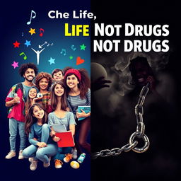 A powerful and thought-provoking poster that depicts the stark contrast between vibrant youth and the dark allure of illegal drugs