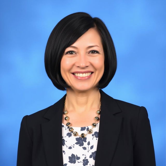 A professional portrait of a woman in her 50s, with short straight black hair that ends at her shoulders