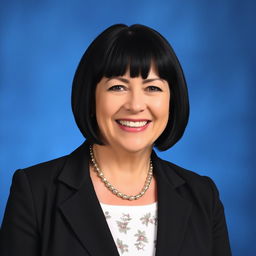 A professional portrait of a woman in her 50s, with short straight black hair that ends at her shoulders