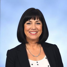 A professional portrait of a woman in her 50s, with short straight black hair that ends at her shoulders