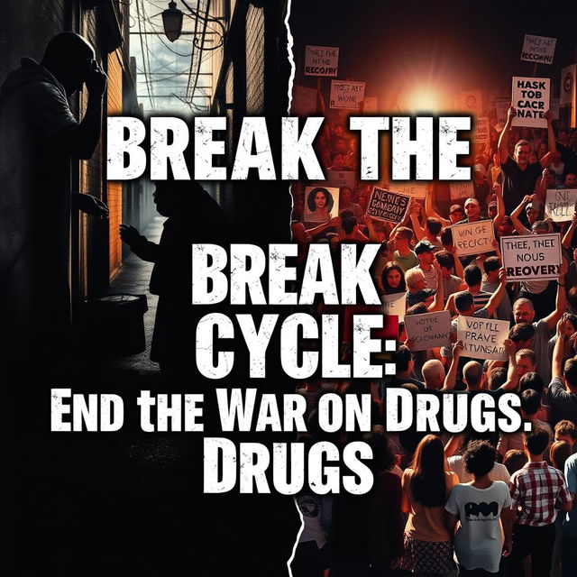 A striking and impactful poster about the war on drugs, featuring a collage of powerful imagery symbolizing the battle against drug abuse, addiction, and trafficking