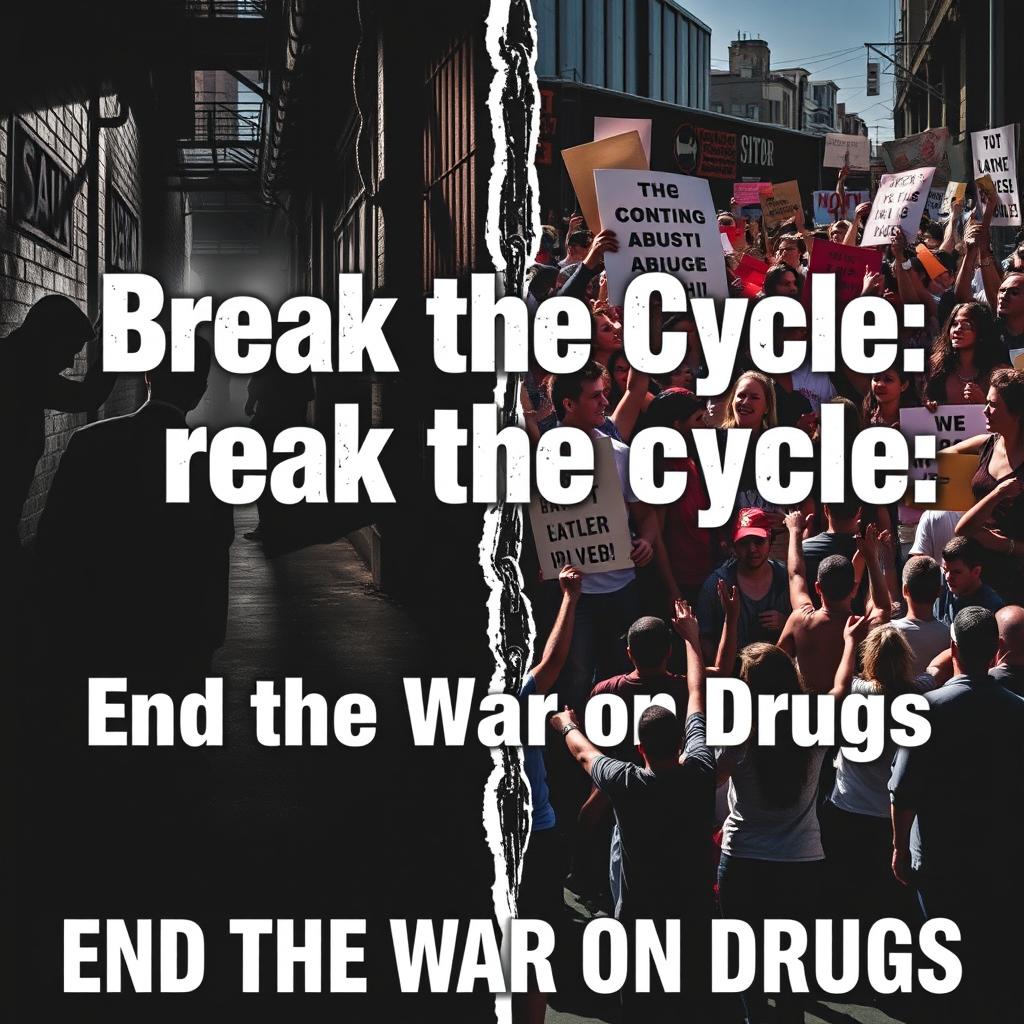 A striking and impactful poster about the war on drugs, featuring a collage of powerful imagery symbolizing the battle against drug abuse, addiction, and trafficking