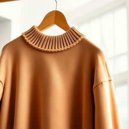 A close-up view of a soft, cozy pullover sweater displayed in a bright, airy room