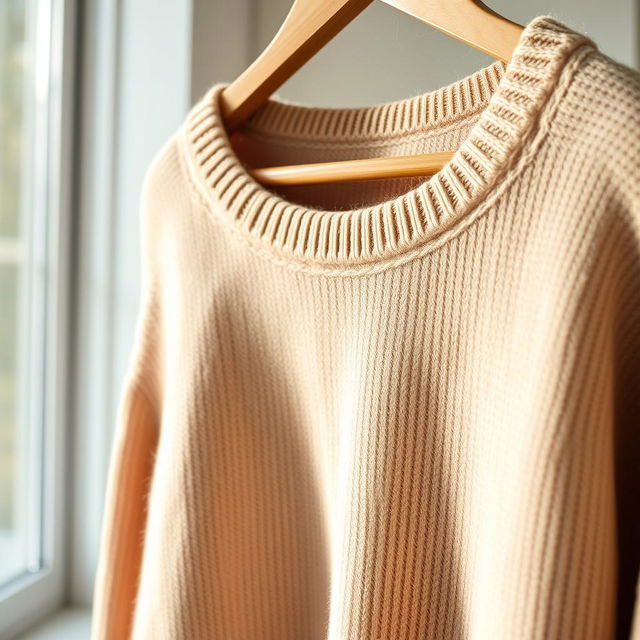 A close-up view of a soft, cozy pullover sweater displayed in a bright, airy room