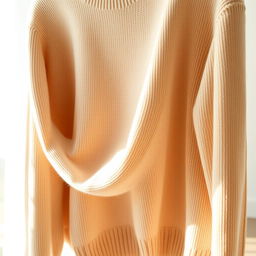 A close-up view of a soft, cozy pullover sweater displayed in a bright, airy room