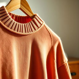 A close-up view of a soft, cozy pullover sweater displayed in a bright, airy room