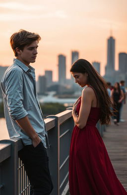 A dramatic scene depicting Aidan and Clara standing on a bridge at sunset, both looking contemplative and emotionally conflicted