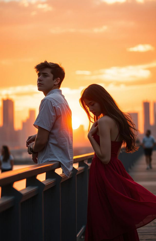 A dramatic scene depicting Aidan and Clara standing on a bridge at sunset, both looking contemplative and emotionally conflicted