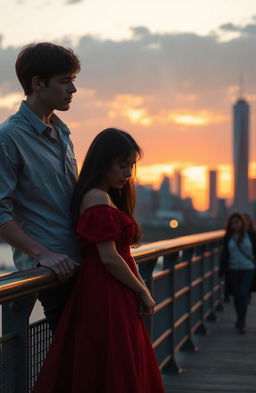 A dramatic scene depicting Aidan and Clara standing on a bridge at sunset, both looking contemplative and emotionally conflicted