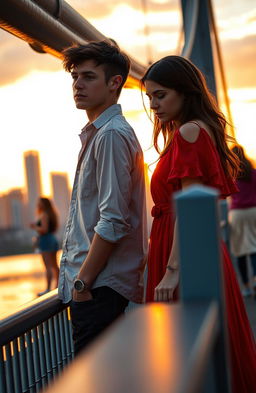 A dramatic scene depicting Aidan and Clara standing on a bridge at sunset, both looking contemplative and emotionally conflicted