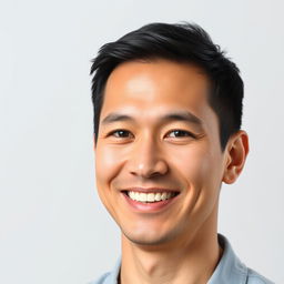 A professional passport photo of an adult with a warm smile and a calm expression