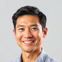 A professional passport photo of an adult with a warm smile and a calm expression