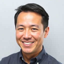 A professional passport photo of an adult with a warm smile and a calm expression