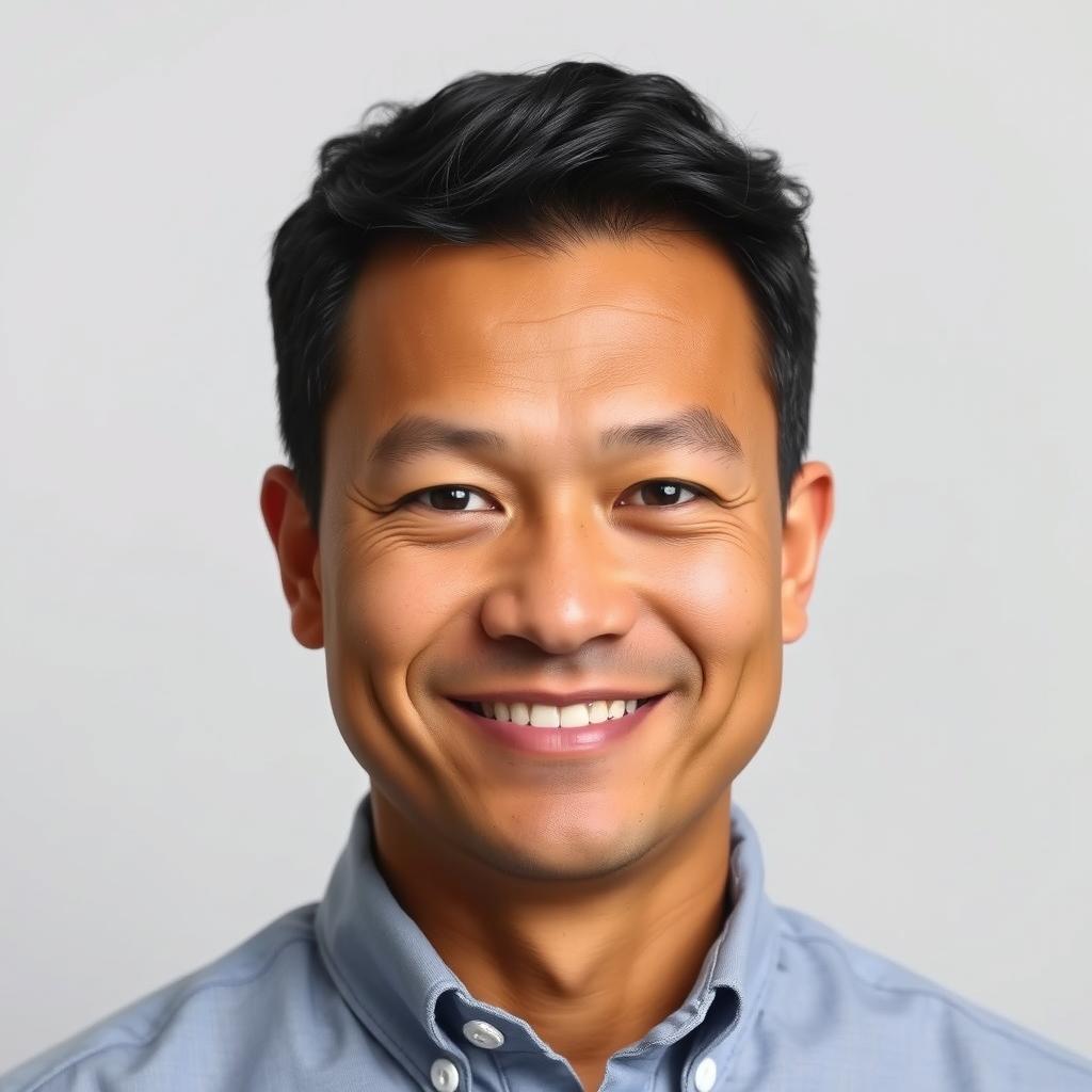 A professional passport photo of an adult with a warm smile and a calm expression