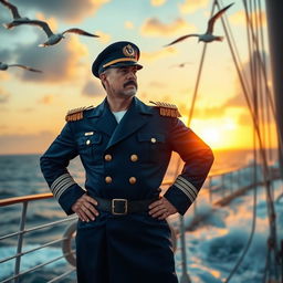 A heroic captain standing proudly on a ship's deck, wearing a classic navy blue captain's uniform adorned with gold epaulettes