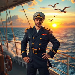 A heroic captain standing proudly on a ship's deck, wearing a classic navy blue captain's uniform adorned with gold epaulettes