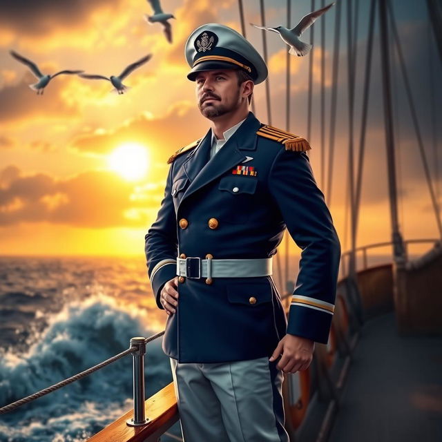 A heroic captain standing proudly on a ship's deck, wearing a classic navy blue captain's uniform adorned with gold epaulettes