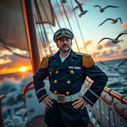 A heroic captain standing proudly on a ship's deck, wearing a classic navy blue captain's uniform adorned with gold epaulettes