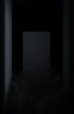 A dramatic scene featuring a stark white hospital door in the center against a deep black background