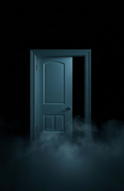 A dramatic scene featuring a stark white hospital door in the center against a deep black background