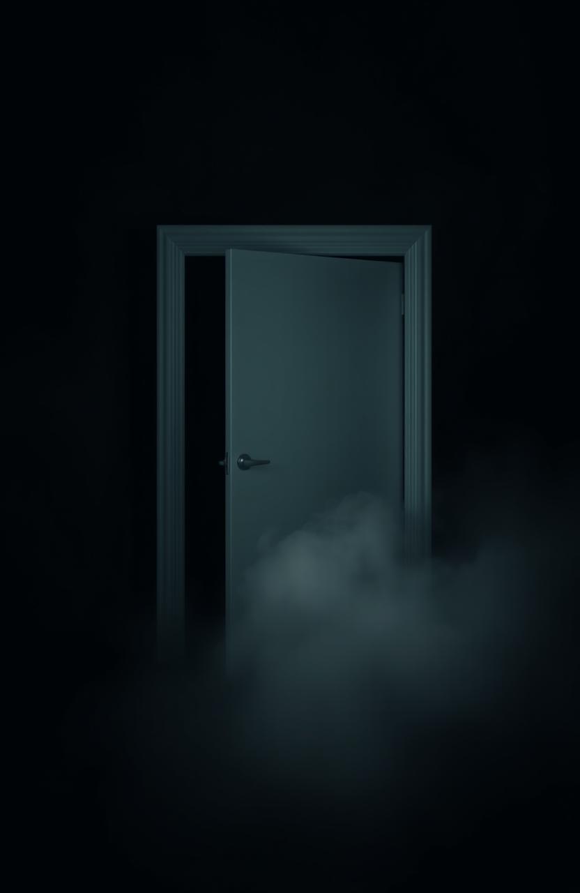 A dramatic scene featuring a stark white hospital door in the center against a deep black background