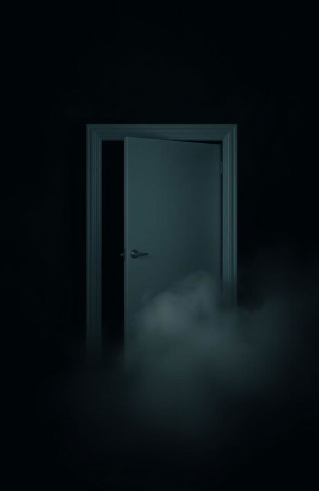 A dramatic scene featuring a stark white hospital door in the center against a deep black background