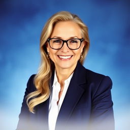 A professional portrait of a woman in her 50s, captured from the chest up against a typical school picture blue background