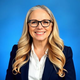 A professional portrait of a woman in her 50s, captured from the chest up against a typical school picture blue background
