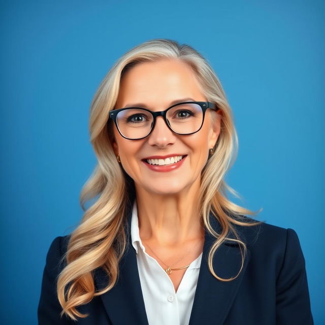 A professional portrait of a woman in her 50s, captured from the chest up against a typical school picture blue background