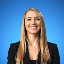 A professional portrait of a woman in her 20s with long straight blonde hair, wearing a black blazer