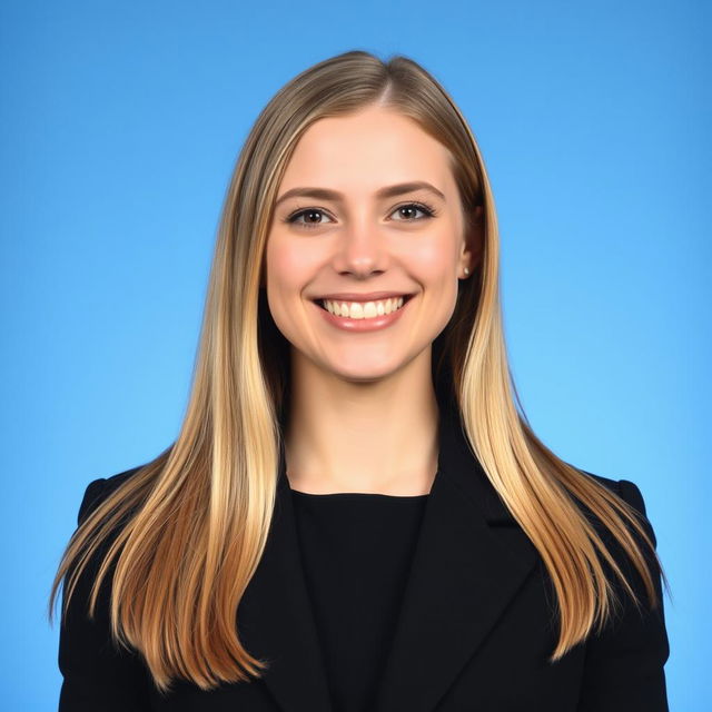 A professional portrait of a woman in her 20s with long straight blonde hair, wearing a black blazer