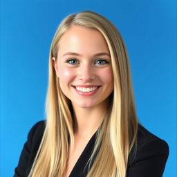 A professional portrait of a woman in her 20s with long straight blonde hair, wearing a black blazer