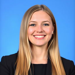 A professional portrait of a woman in her 20s with long straight blonde hair, wearing a black blazer