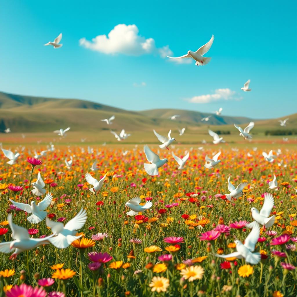 A vast, serene field filled with white doves gracefully flying and perched among vibrant wildflowers under a clear blue sky