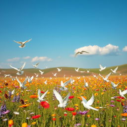 A vast, serene field filled with white doves gracefully flying and perched among vibrant wildflowers under a clear blue sky