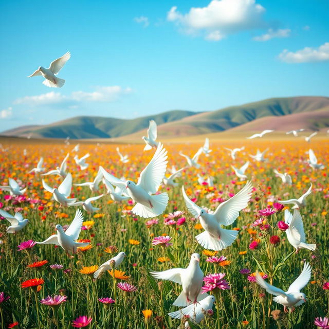 A vast, serene field filled with white doves gracefully flying and perched among vibrant wildflowers under a clear blue sky