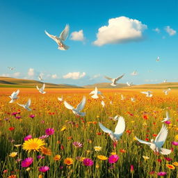 A vast, serene field filled with white doves gracefully flying and perched among vibrant wildflowers under a clear blue sky