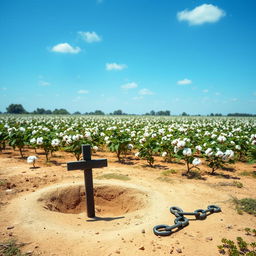A vivid depiction of an 1800s plantation, featuring a sprawling cotton field under a bright blue sky