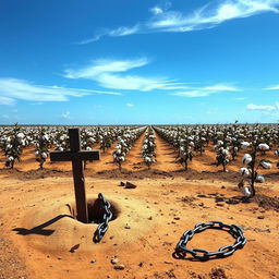 A vivid depiction of an 1800s plantation, featuring a sprawling cotton field under a bright blue sky