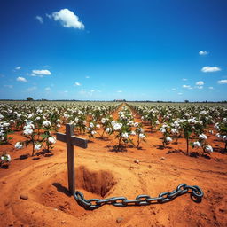A vivid depiction of an 1800s plantation, featuring a sprawling cotton field under a bright blue sky